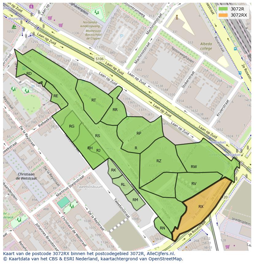 Afbeelding van het postcodegebied 3072 RX op de kaart.