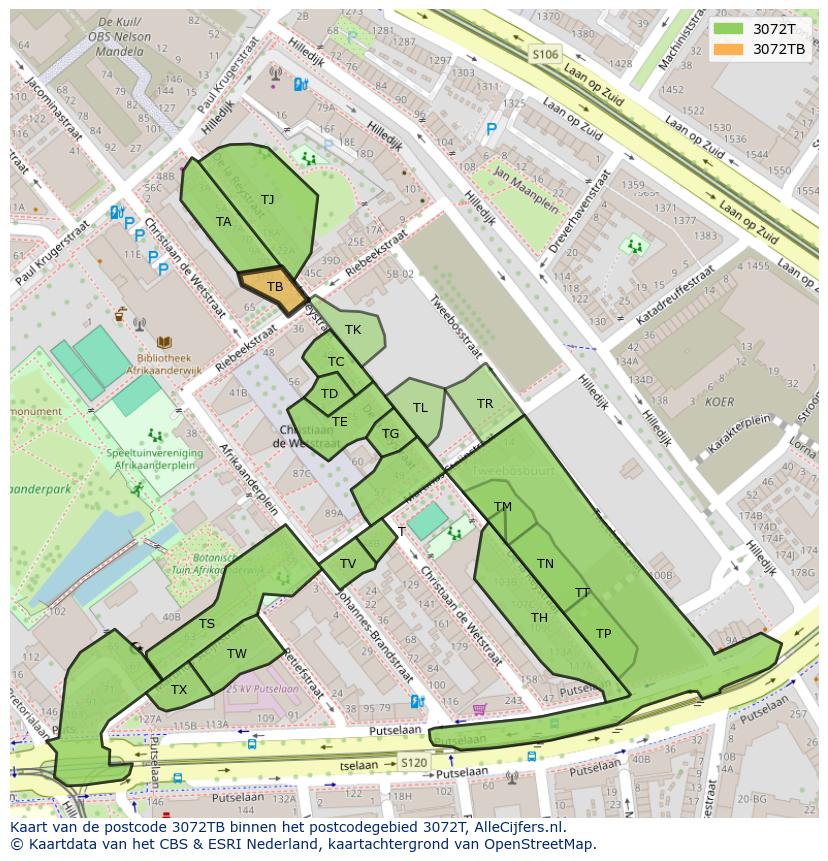 Afbeelding van het postcodegebied 3072 TB op de kaart.