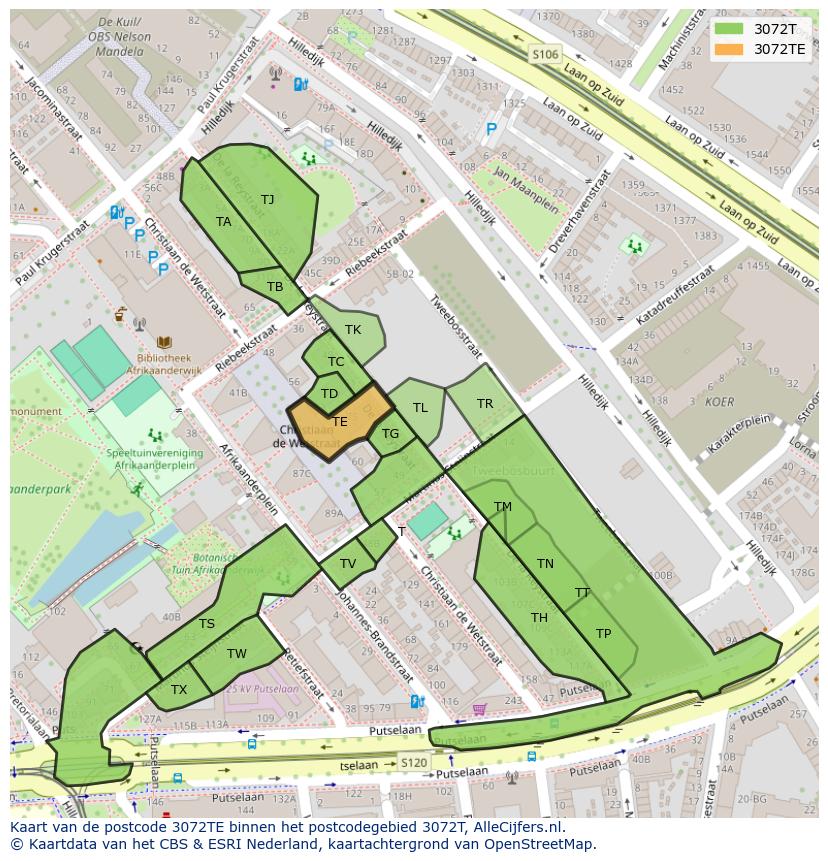 Afbeelding van het postcodegebied 3072 TE op de kaart.