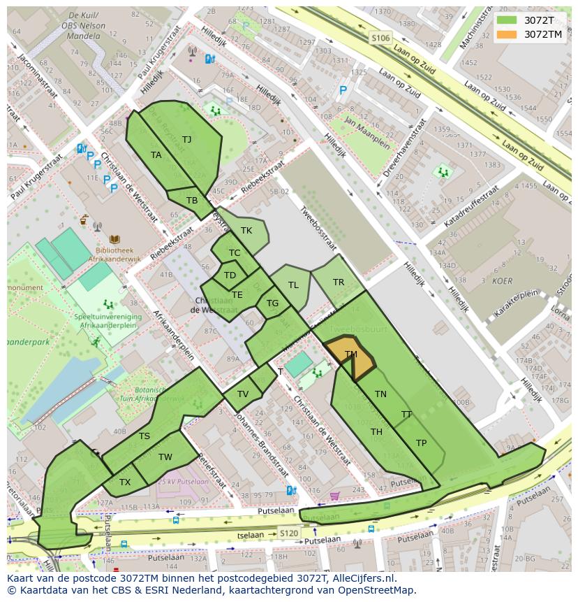 Afbeelding van het postcodegebied 3072 TM op de kaart.