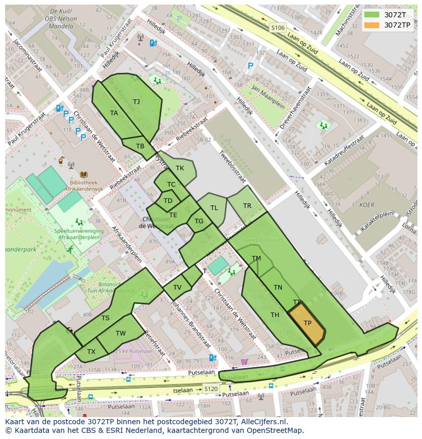 Afbeelding van het postcodegebied 3072 TP op de kaart.
