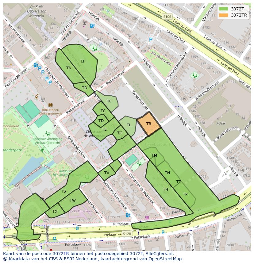 Afbeelding van het postcodegebied 3072 TR op de kaart.