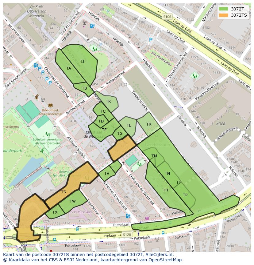 Afbeelding van het postcodegebied 3072 TS op de kaart.