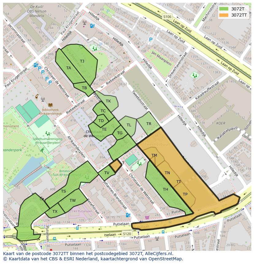 Afbeelding van het postcodegebied 3072 TT op de kaart.