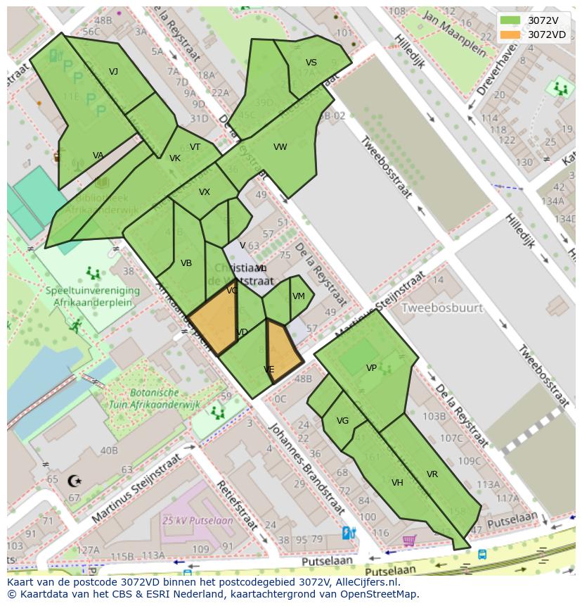 Afbeelding van het postcodegebied 3072 VD op de kaart.