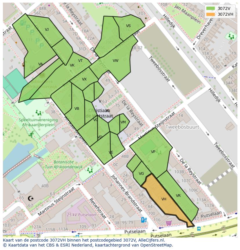 Afbeelding van het postcodegebied 3072 VH op de kaart.