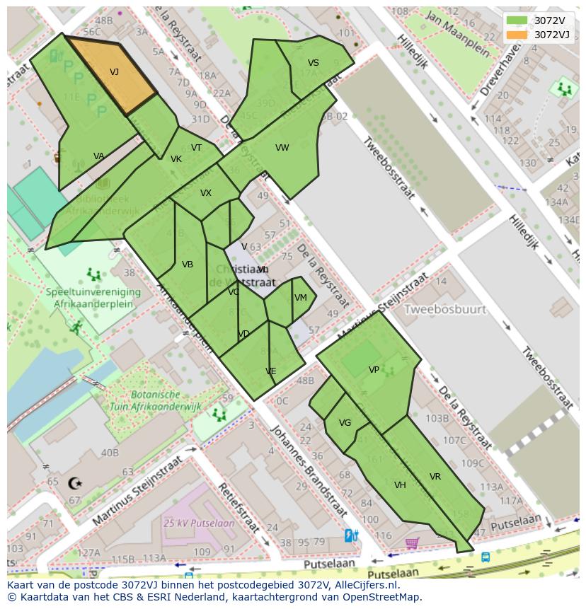 Afbeelding van het postcodegebied 3072 VJ op de kaart.