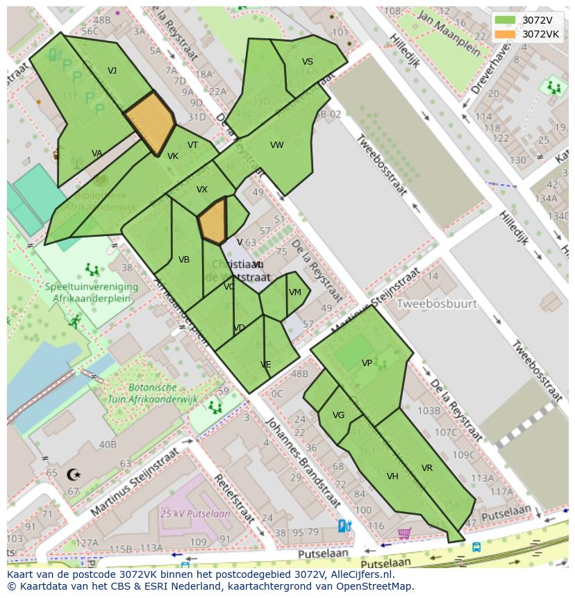 Afbeelding van het postcodegebied 3072 VK op de kaart.