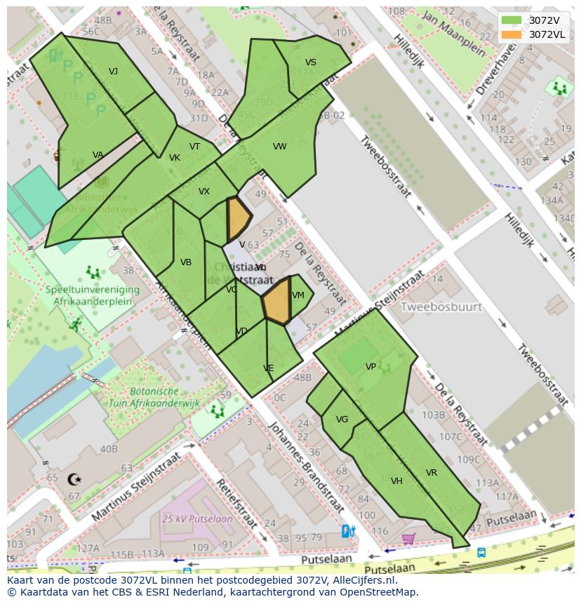 Afbeelding van het postcodegebied 3072 VL op de kaart.