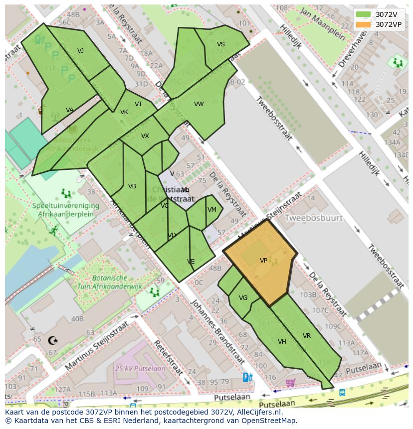 Afbeelding van het postcodegebied 3072 VP op de kaart.