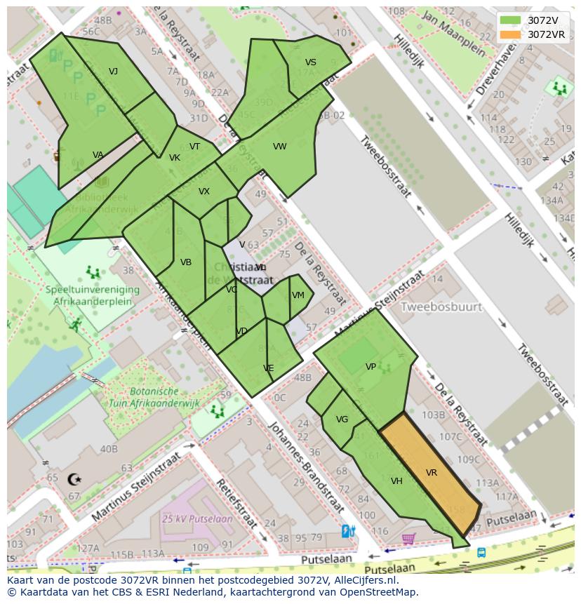 Afbeelding van het postcodegebied 3072 VR op de kaart.