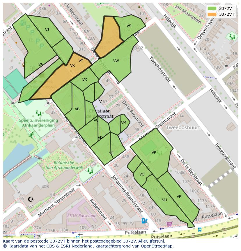 Afbeelding van het postcodegebied 3072 VT op de kaart.
