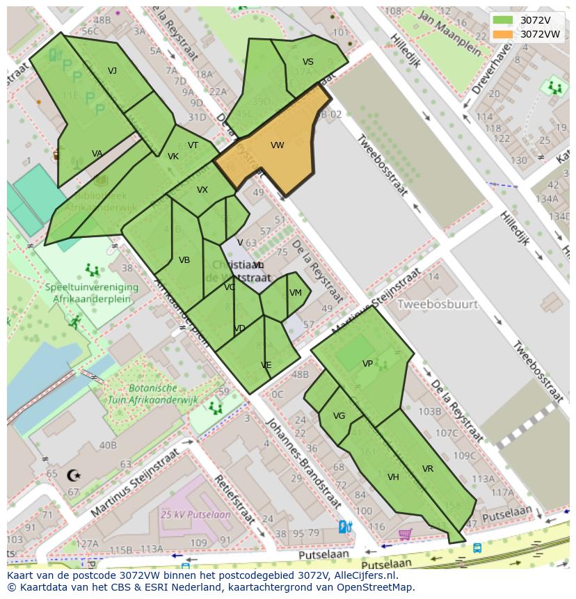 Afbeelding van het postcodegebied 3072 VW op de kaart.