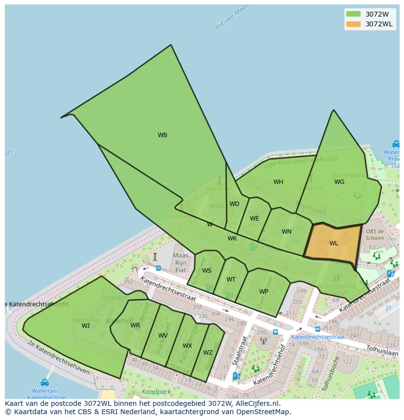 Afbeelding van het postcodegebied 3072 WL op de kaart.