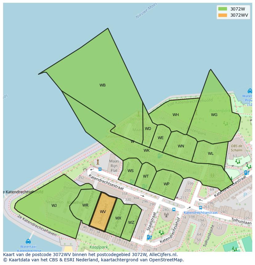 Afbeelding van het postcodegebied 3072 WV op de kaart.