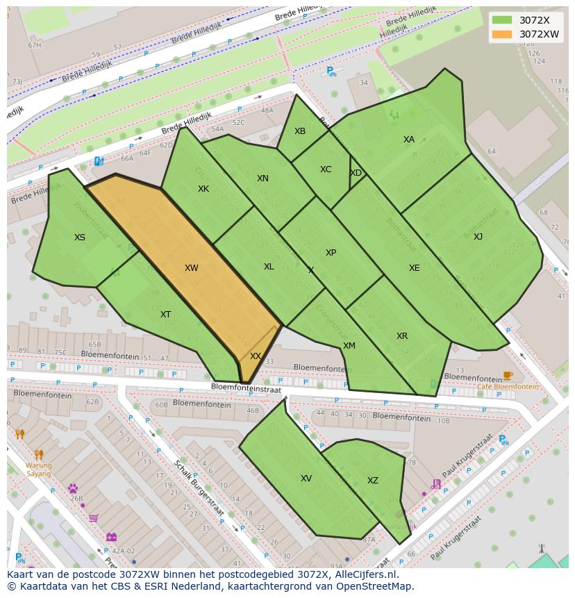 Afbeelding van het postcodegebied 3072 XW op de kaart.