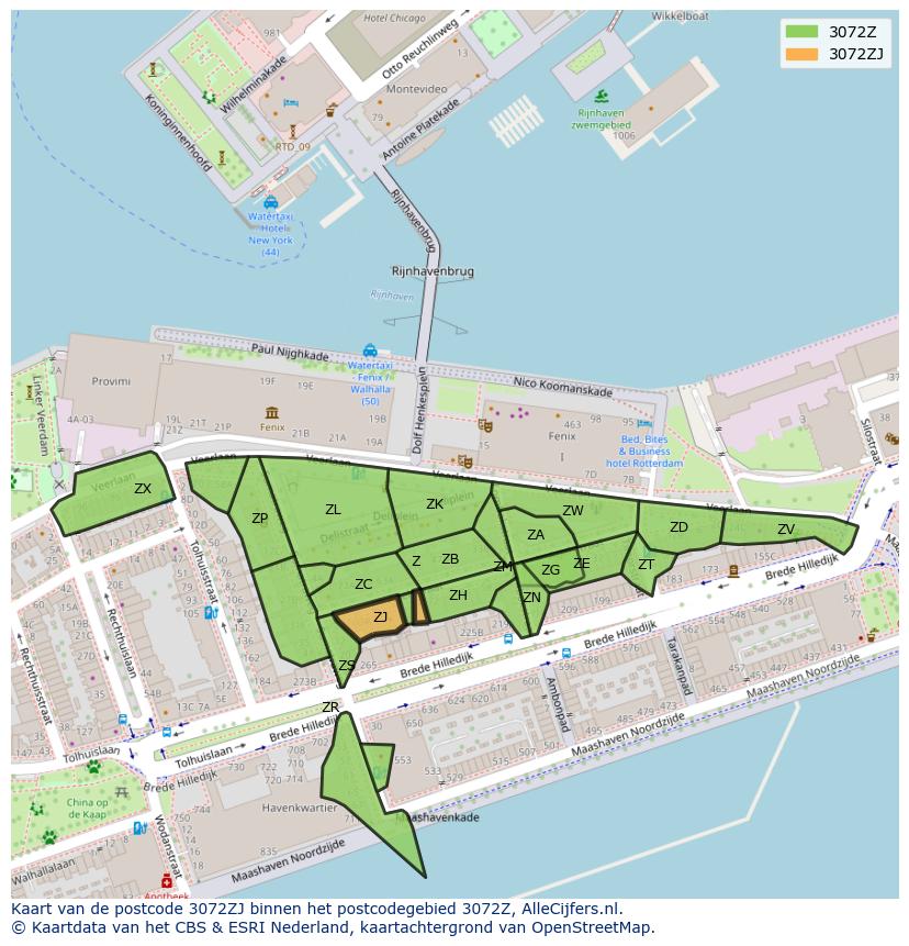 Afbeelding van het postcodegebied 3072 ZJ op de kaart.