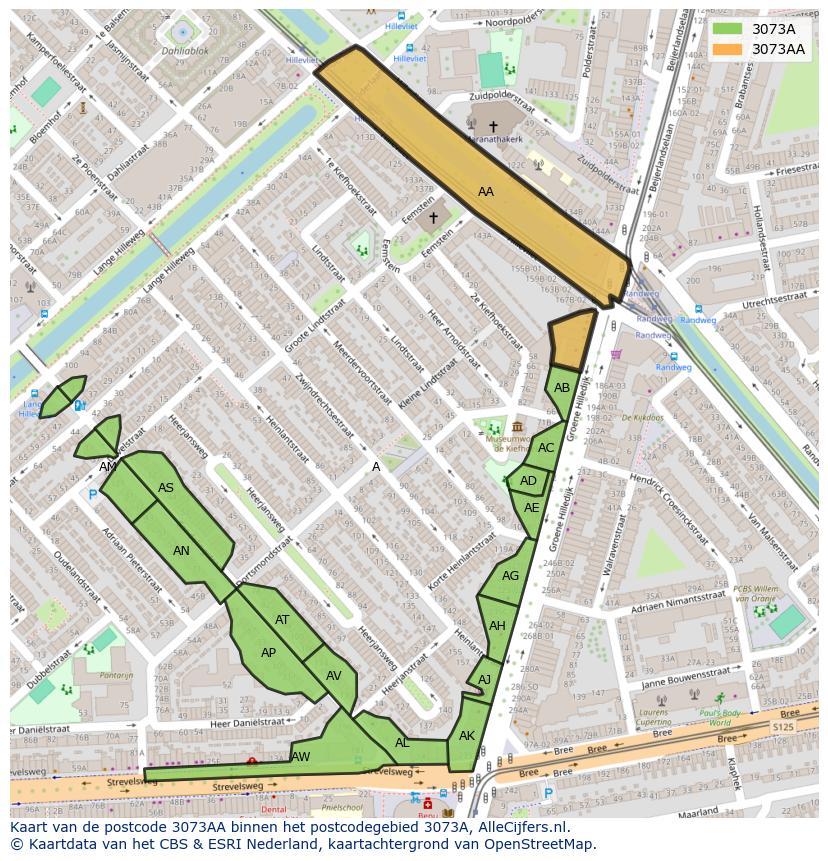 Afbeelding van het postcodegebied 3073 AA op de kaart.