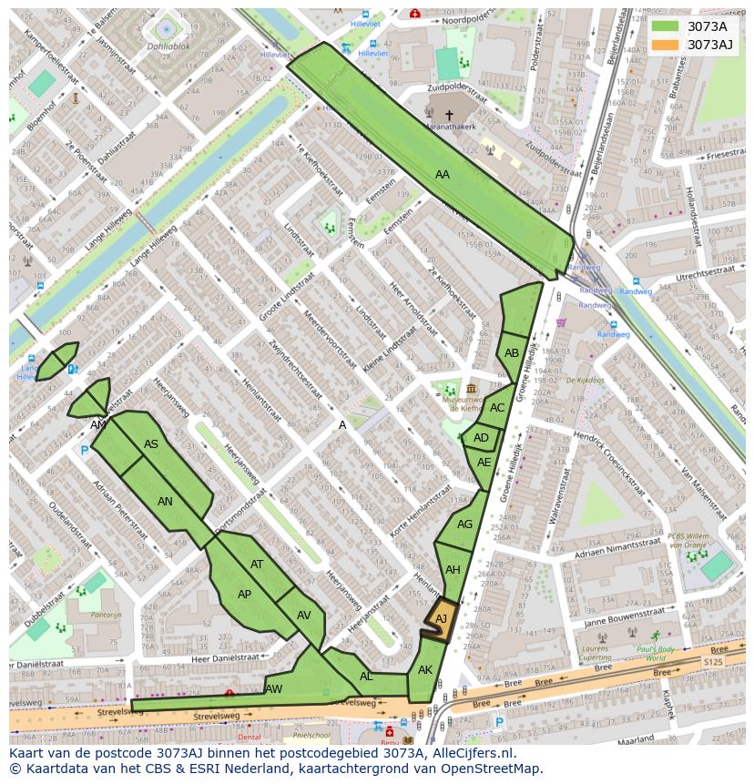 Afbeelding van het postcodegebied 3073 AJ op de kaart.
