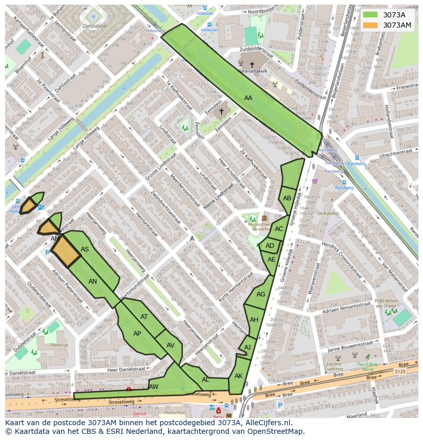 Afbeelding van het postcodegebied 3073 AM op de kaart.