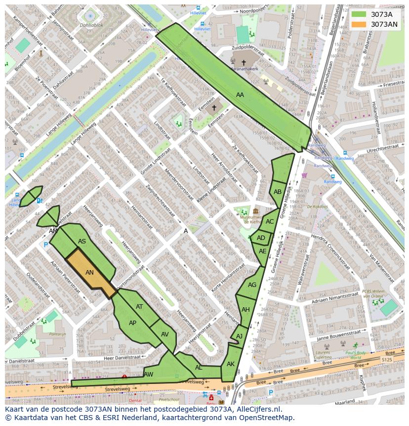 Afbeelding van het postcodegebied 3073 AN op de kaart.