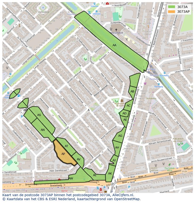 Afbeelding van het postcodegebied 3073 AP op de kaart.
