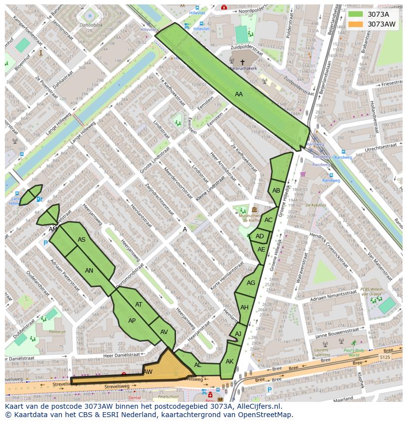 Afbeelding van het postcodegebied 3073 AW op de kaart.