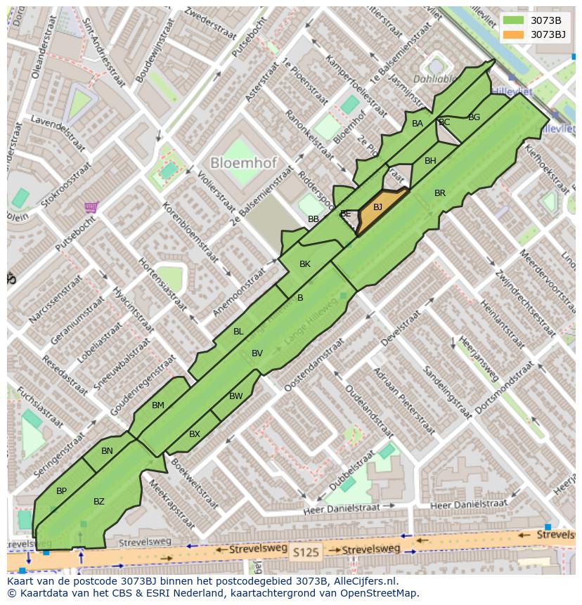 Afbeelding van het postcodegebied 3073 BJ op de kaart.