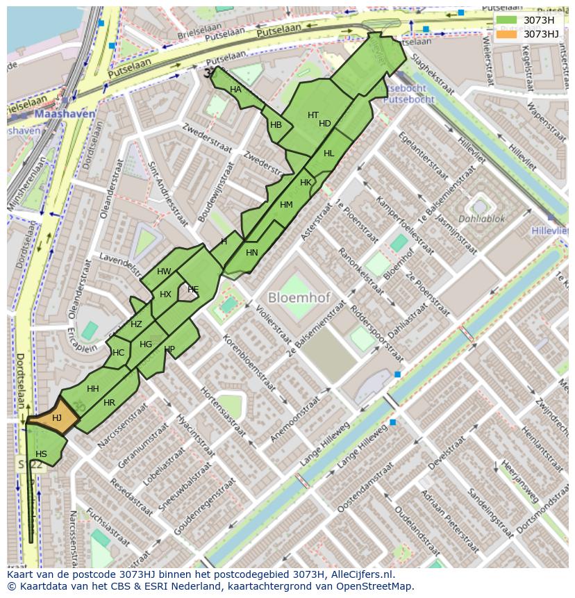 Afbeelding van het postcodegebied 3073 HJ op de kaart.