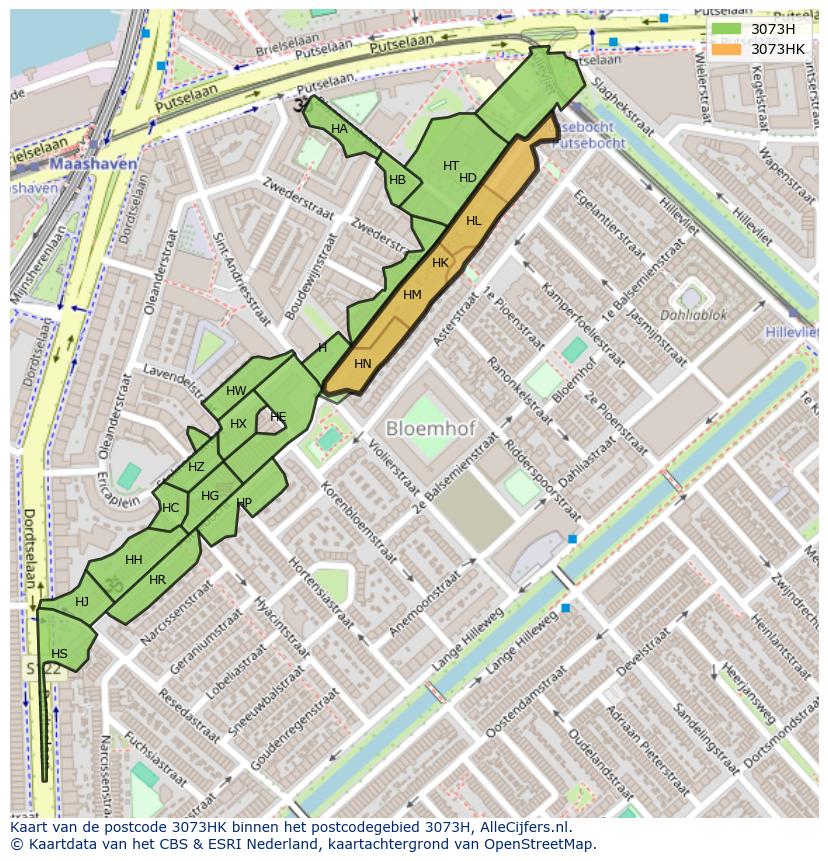 Afbeelding van het postcodegebied 3073 HK op de kaart.