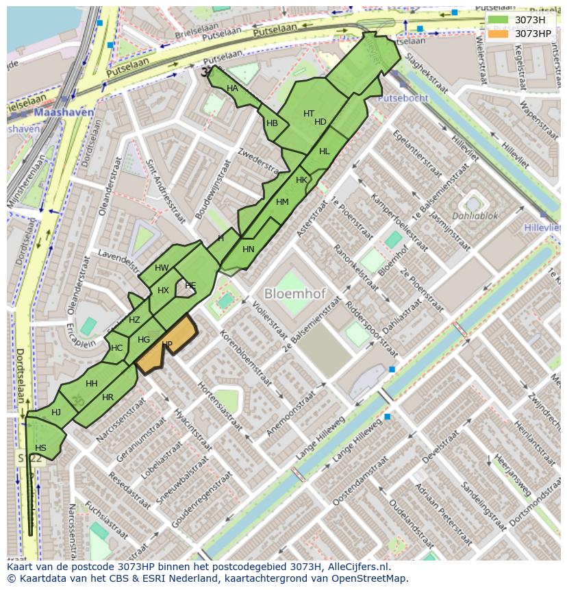 Afbeelding van het postcodegebied 3073 HP op de kaart.