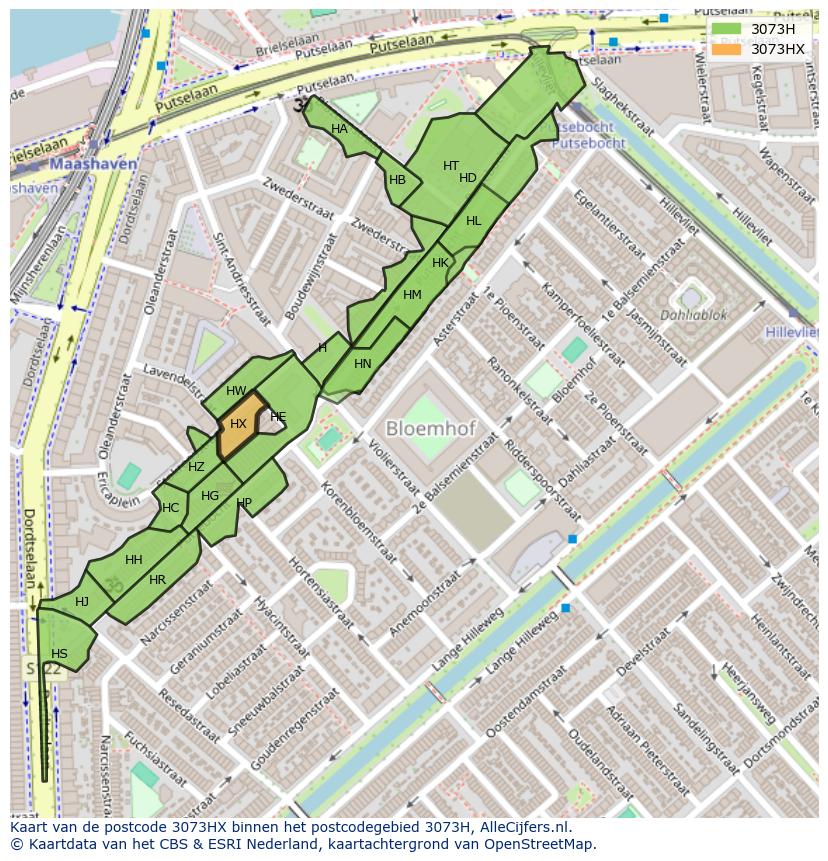 Afbeelding van het postcodegebied 3073 HX op de kaart.