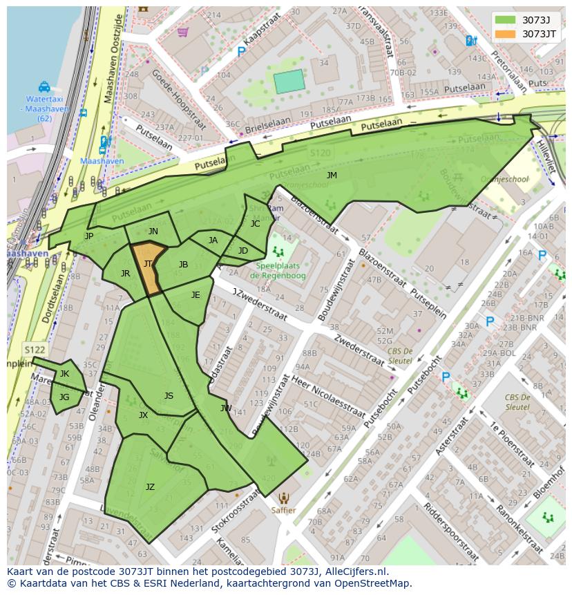 Afbeelding van het postcodegebied 3073 JT op de kaart.
