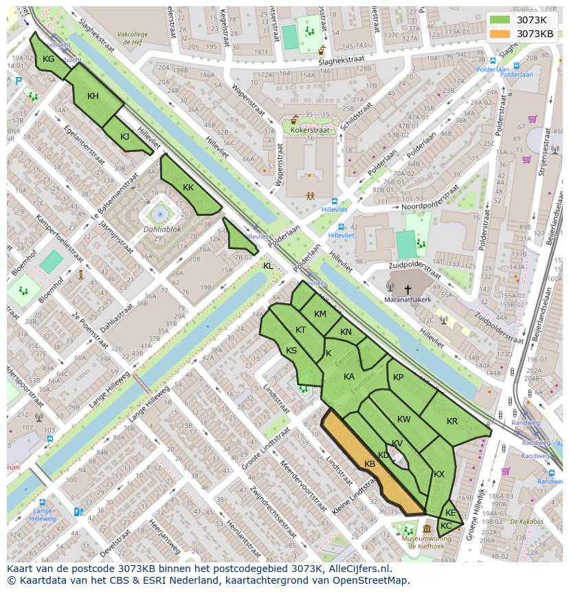 Afbeelding van het postcodegebied 3073 KB op de kaart.