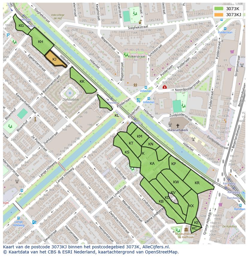 Afbeelding van het postcodegebied 3073 KJ op de kaart.