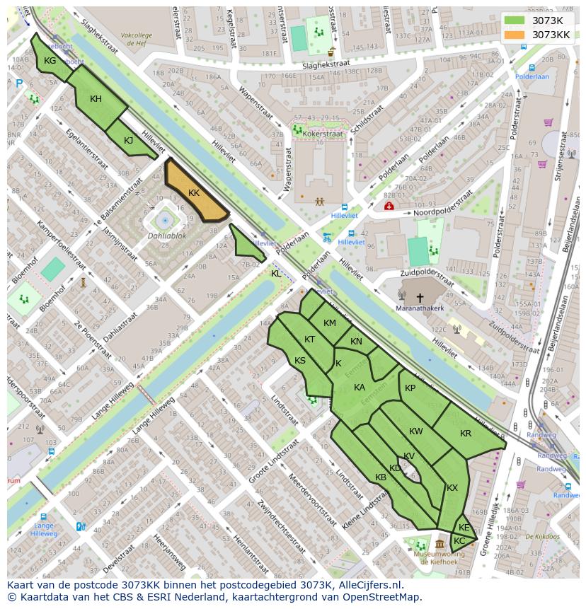 Afbeelding van het postcodegebied 3073 KK op de kaart.