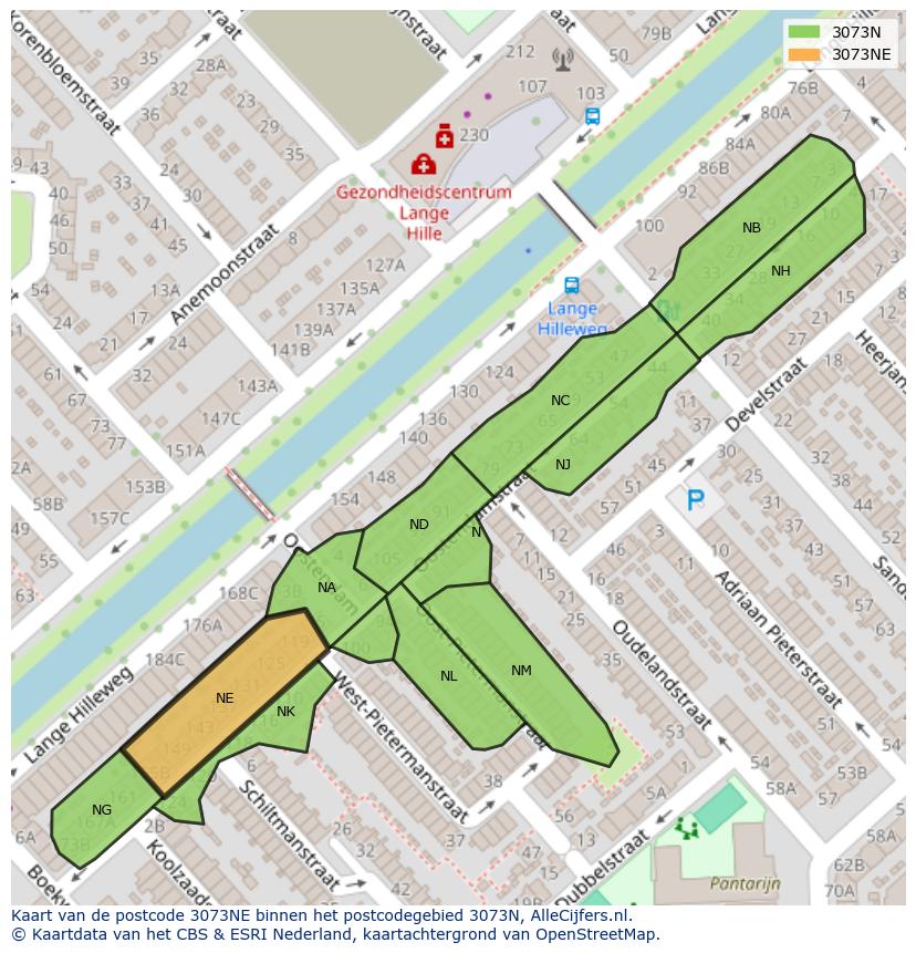 Afbeelding van het postcodegebied 3073 NE op de kaart.