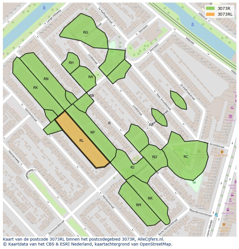 Afbeelding van het postcodegebied 3073 RL op de kaart.
