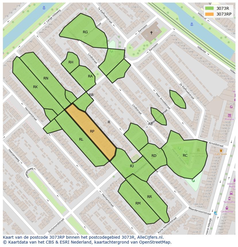 Afbeelding van het postcodegebied 3073 RP op de kaart.