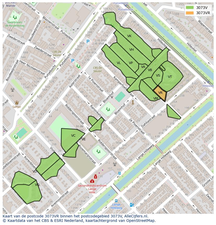 Afbeelding van het postcodegebied 3073 VR op de kaart.
