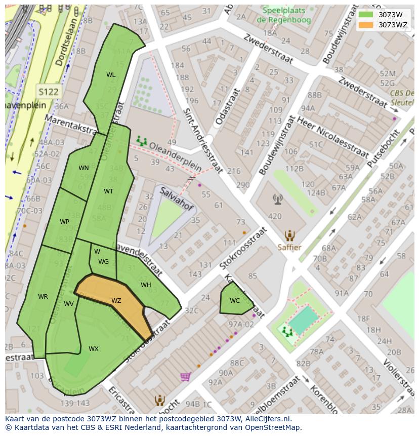 Afbeelding van het postcodegebied 3073 WZ op de kaart.