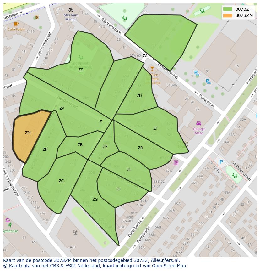 Afbeelding van het postcodegebied 3073 ZM op de kaart.