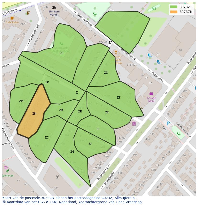 Afbeelding van het postcodegebied 3073 ZN op de kaart.
