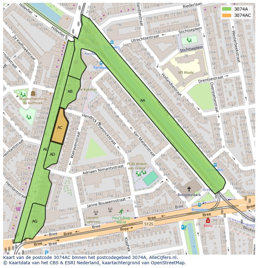 Afbeelding van het postcodegebied 3074 AC op de kaart.