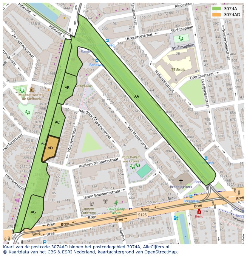 Afbeelding van het postcodegebied 3074 AD op de kaart.