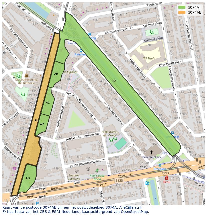 Afbeelding van het postcodegebied 3074 AE op de kaart.