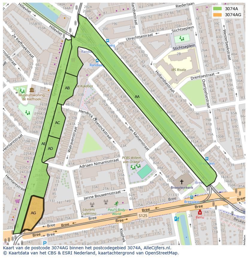 Afbeelding van het postcodegebied 3074 AG op de kaart.