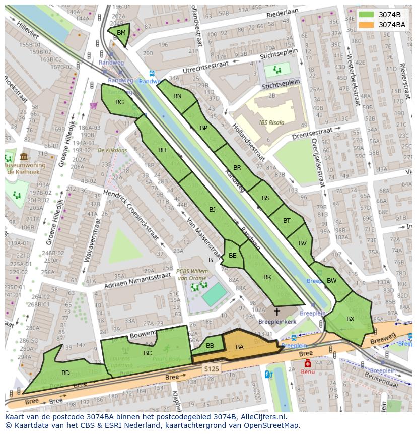 Afbeelding van het postcodegebied 3074 BA op de kaart.
