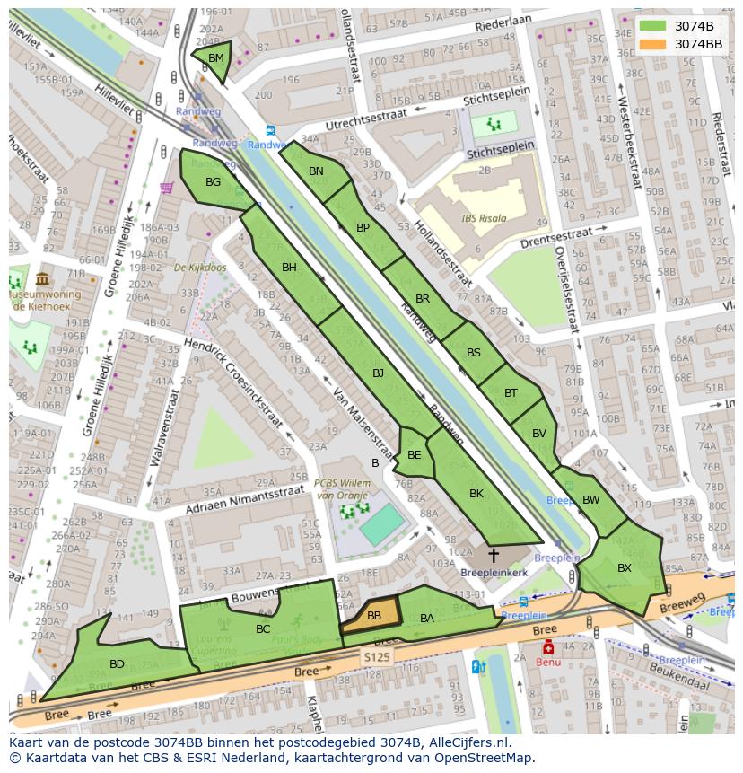 Afbeelding van het postcodegebied 3074 BB op de kaart.
