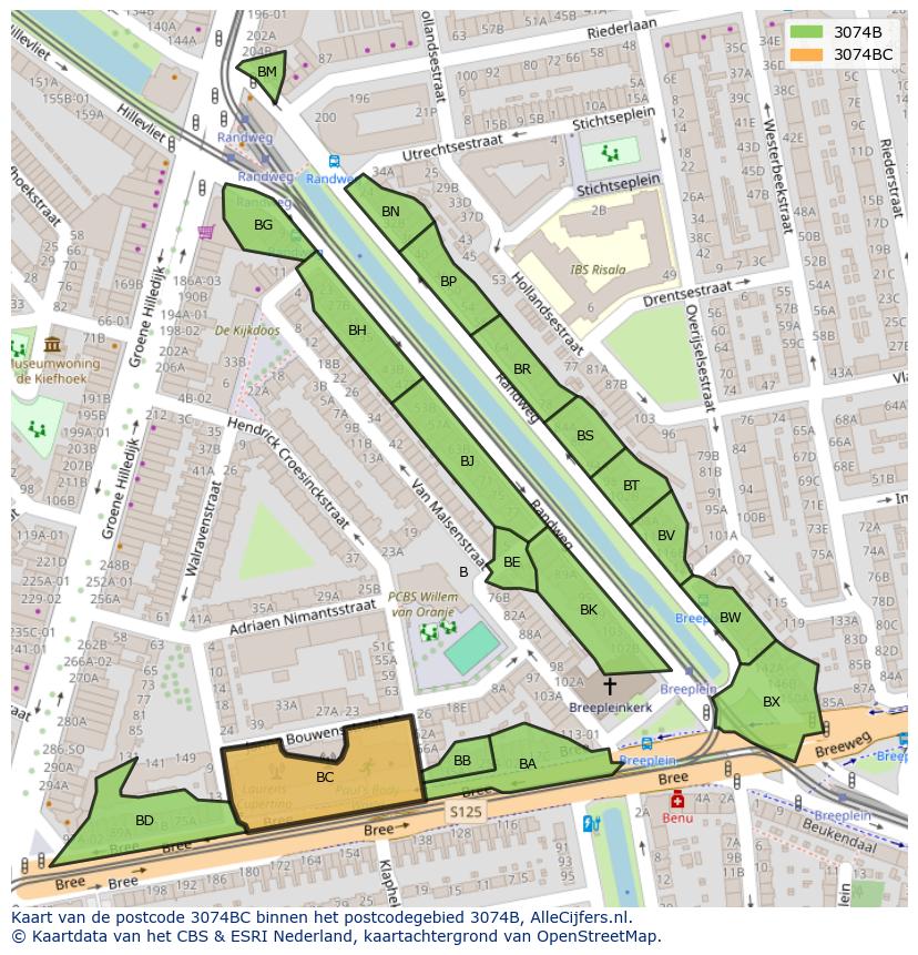 Afbeelding van het postcodegebied 3074 BC op de kaart.